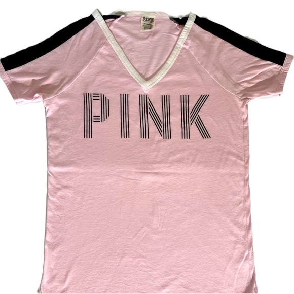 PINK Victoria’s Secret PINK T-SHIRT Varsity Style T-shirt Pink Black Stripe - Picture 11 of 12